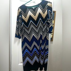 Women's blue, black and tan dress.  3/4 length sleeves.